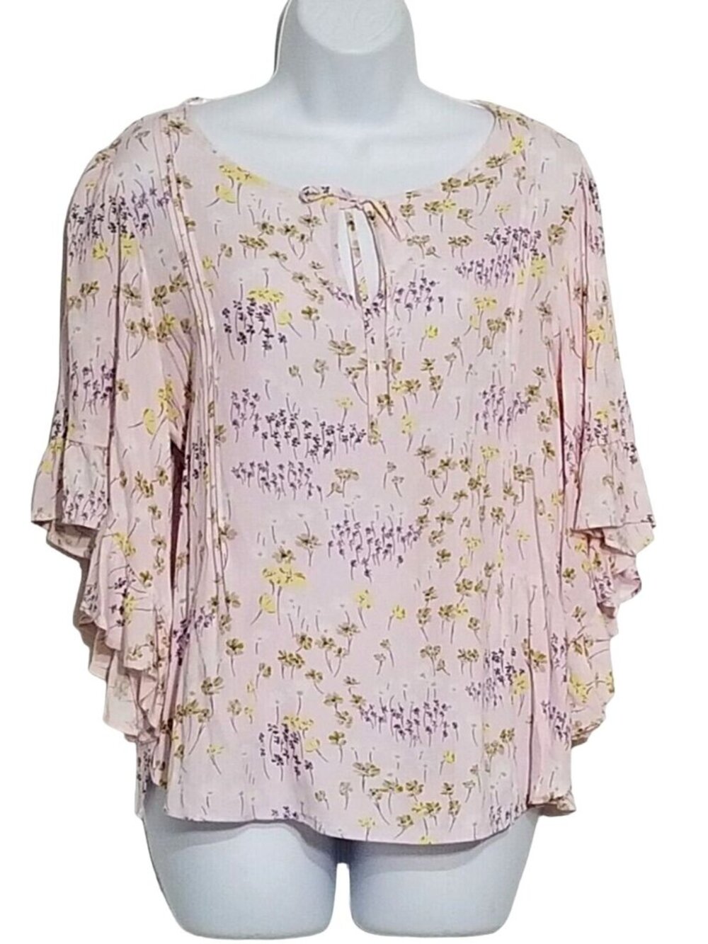 Lauren Conrad Womans Blouse S Floral 3/4 Flounce Flutter Sleeve Keyhole